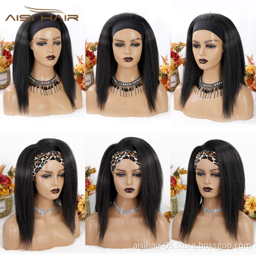 Aisi Hair wholesale private label cap adjustable attached bandage kinky bob black women yaki synthetic headband wig